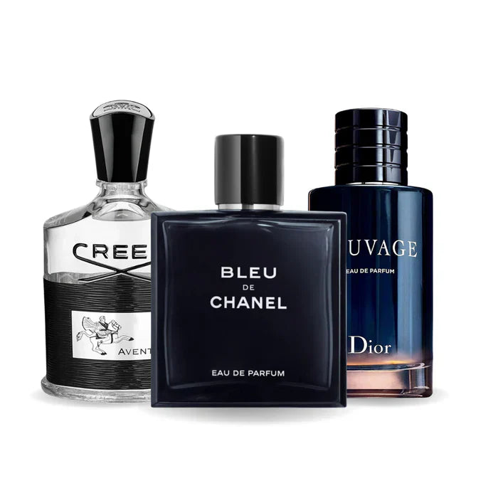 Combinación promocional de 3 perfumes Creed AVENTUS, BLEU DE CHANEL y Dior SAUVAGE 100ml