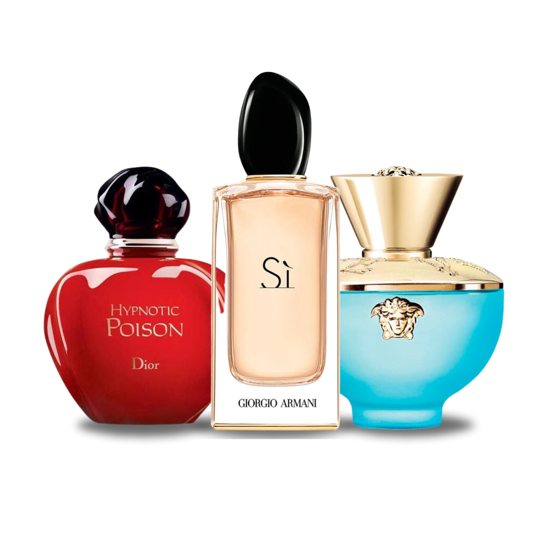 Combinación promocional de 3 perfumes Dior HYPNOTIC POISON, Giorgio Armani SÌ y Versace DYLAN TURQUOISE 100ml