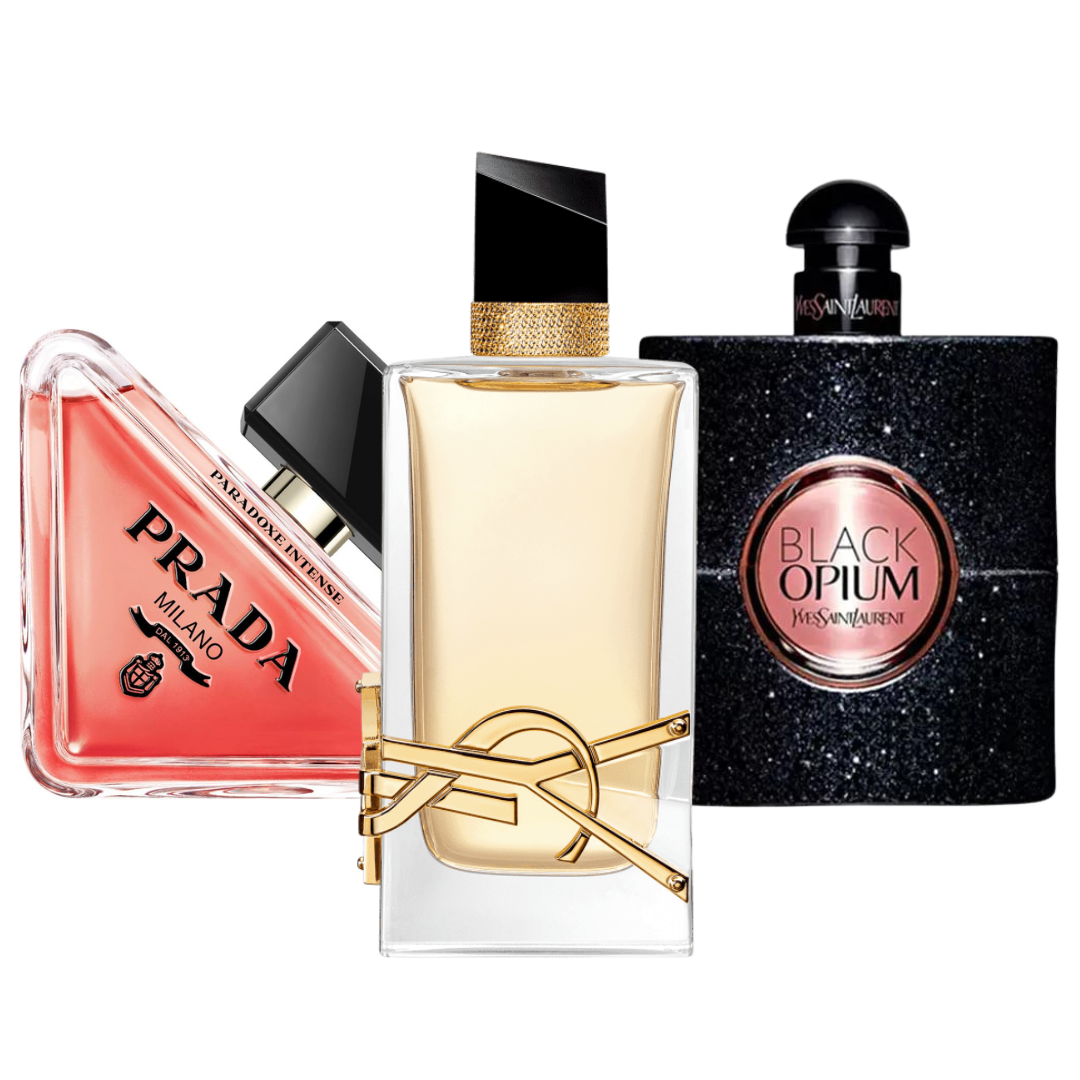 Combinación promocional de 3 perfumes Prada Paradox, Black Opium Yves Saint Laurent, y Libre 100ml