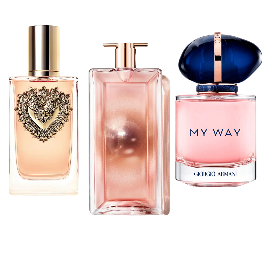 Combinación promocional de 3 perfumes Dolce & Gabanna Devotion, My Way Giorgi Armani y Lancôme Idôle 100ml