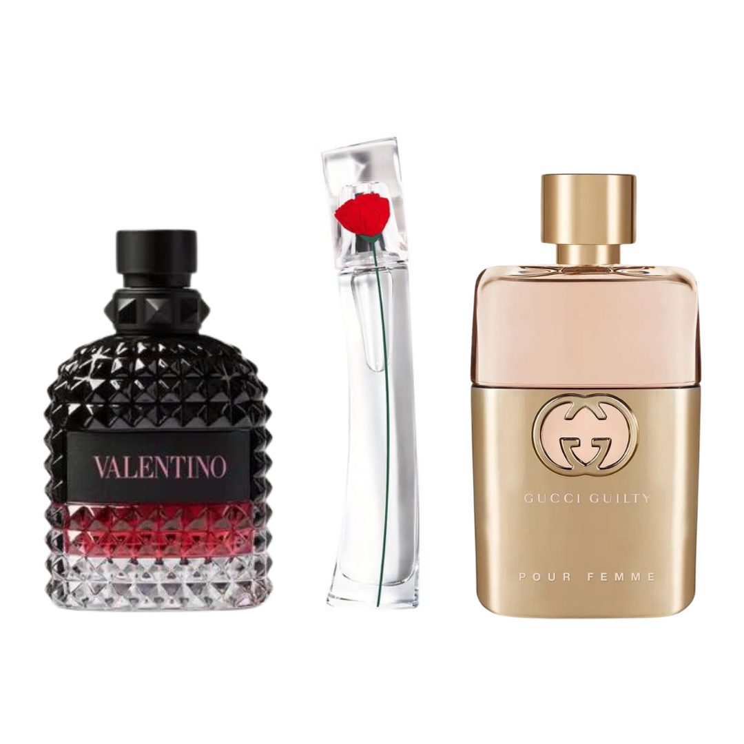 Combinación promocional de 3 perfumes Gucci Guilt, Valentini Intense y Flower Kenzo 100ml