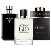 Combinación promocional de 3 perfumes Bvlgari In Black, Giorgio Armani Acqua Di Gio y L'Homme Prada Intense 100ml