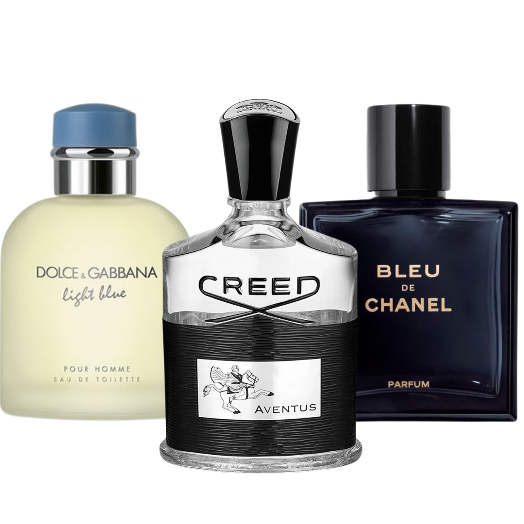 Combinación promocional de 3 perfumes Bleu de Chanel, Creed Aventus, y Light Blue Dolce Gabbana 100ml