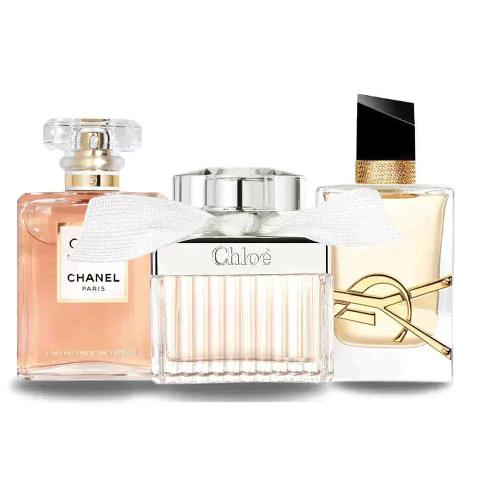 Combinación promocional de 3 perfumes Chanel COCO MADEMOISELLE, Yves Saint Laurent LIBRE y CHLOÉ 100ml